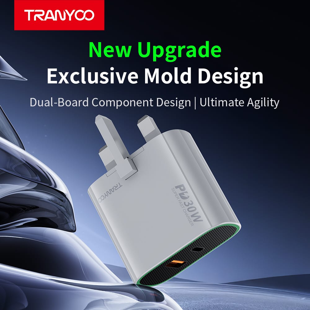 [UK Plug] Tranyoo 30W Super Fast Charger PD Type-C + USB A Dual Port with 60W PD USB C Cable (UK Plug)