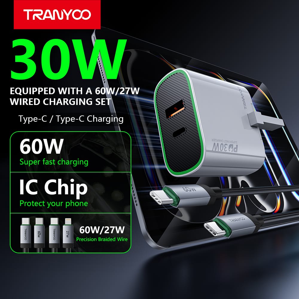 [UK Plug] Tranyoo 30W Super Fast Charger PD Type-C + USB A Dual Port with 60W PD USB C Cable (UK Plug)