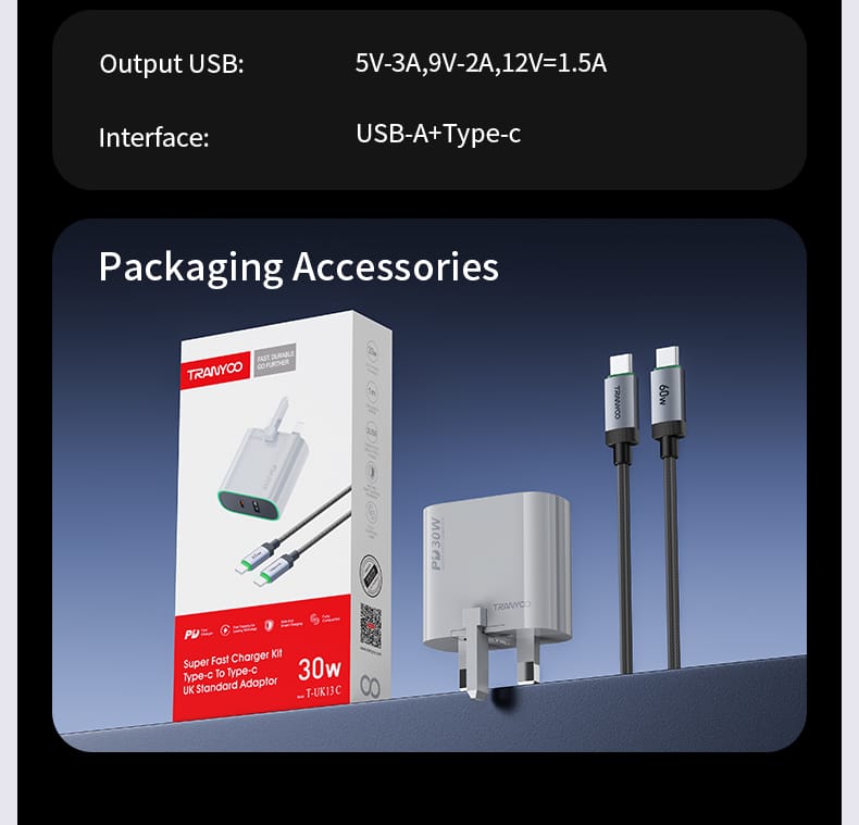 [UK Plug] Tranyoo 30W Super Fast Charger PD Type-C + USB A Dual Port with 60W PD USB C Cable (UK Plug)