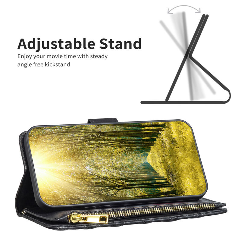 Binfin For Samsung Galaxy A Series Diamond Quilted Leather Zipper Wallet Flip Case with 9 Card Slots and Lanyard Cover – Green