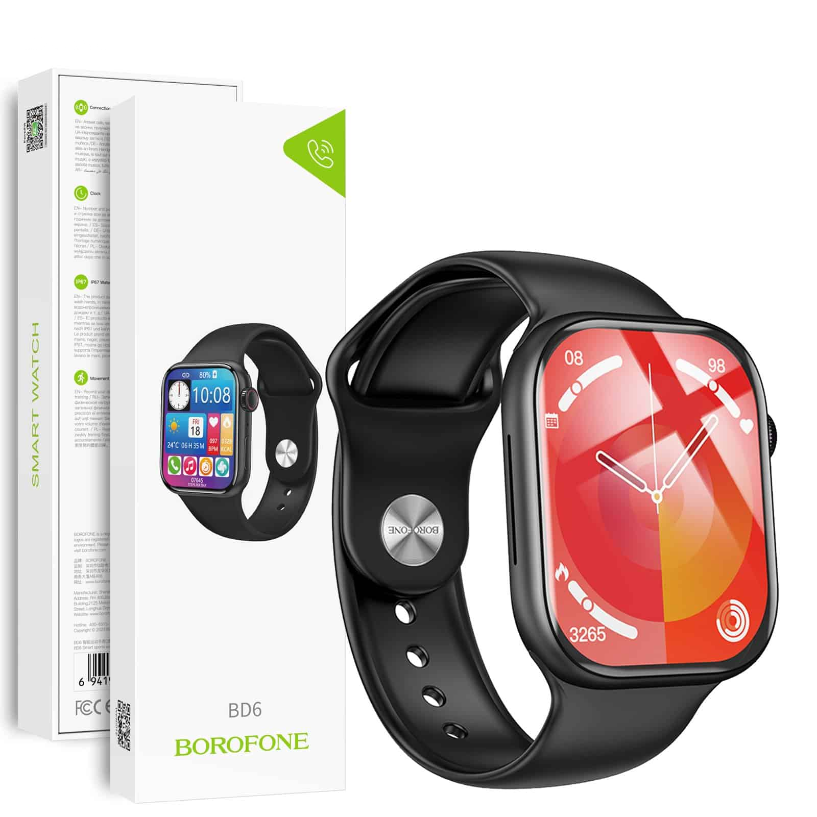 BOROFONE BD6 (Call Version)  2.1 inch Full Touch Screen Unisex Sports Fitness Bluetooth 5.0 Water Resistant Sports Smart Watch (Black)