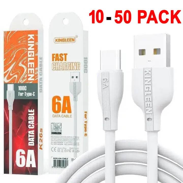 10X 20X 50X KINGLEEN (K26s) 1M 6A USB to Type C Fast Charging Data Cable Cord