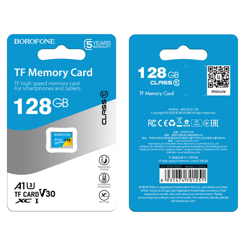 Borofone 128GB TF Memory Card, Class 10 A1 U3 V30 High Speed Micro SDXC, Reliable Storage for Smartphones, Tablets, Cameras & Dashcams