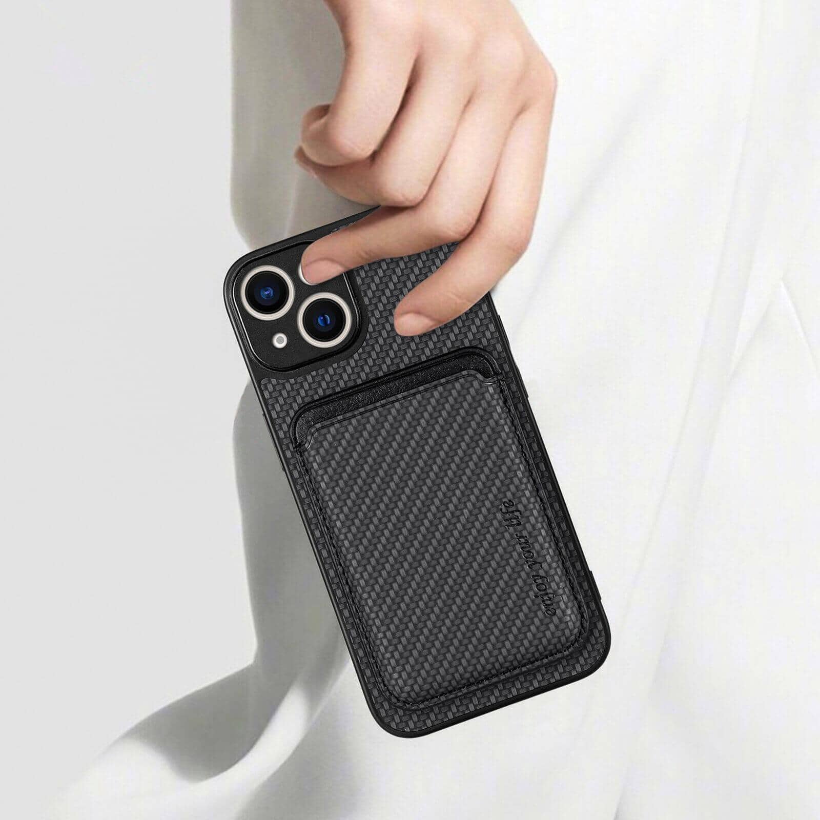 For iPhone 15/15 Pro Max /15 Plus MagSafe Card Holder, Carbon Fiber, Detachable Magnetic Wallet Slot Case Cover