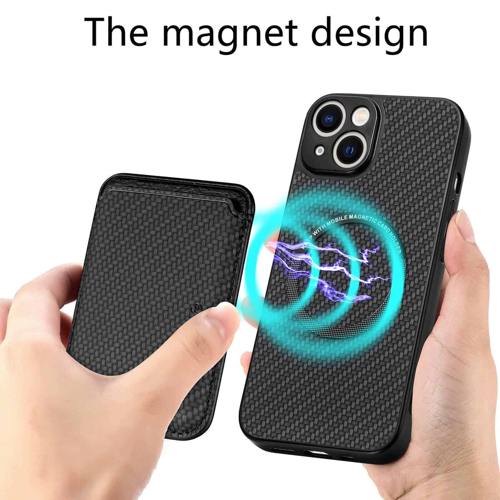 For iPhone 15/15 Pro Max /15 Plus MagSafe Card Holder, Carbon Fiber, Detachable Magnetic Wallet Slot Case Cover